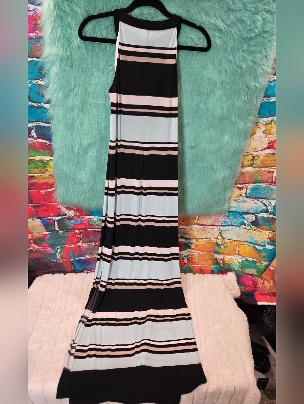 Chaps Blue Tan White Black Striped Halter Maxi Dress Size XS/TP - Picture 8 of 14